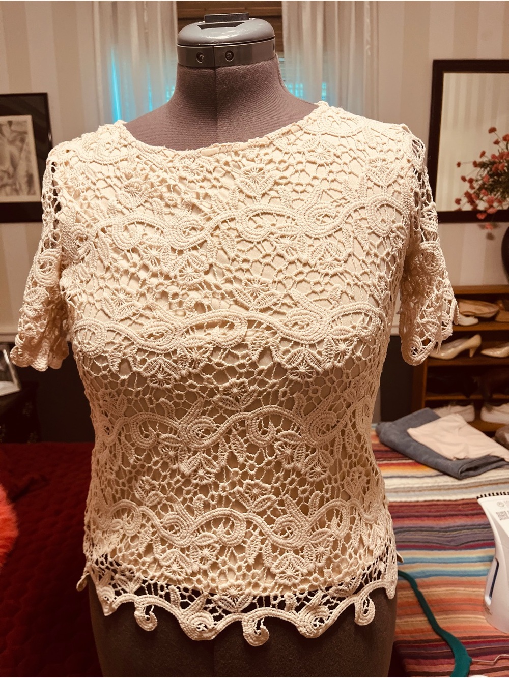 Adiva Women's Cream Crochet fully lined Lace Short Sleeve Blouse